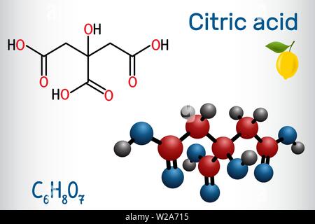 Molécule d'acide citrique, se trouve dans les agrumes, citrons et limes. Est utilisé comme additif dans l'alimentation, d'agents de nettoyage, les suppléments nutritionnels. Les Illustration de Vecteur