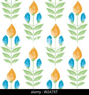 Safran et dynamique aqua bleu fleurs picturale dans un minimum d'damask style design. Modèle vectoriel continu sur fond blanc. Super pour le bien-être Illustration de Vecteur