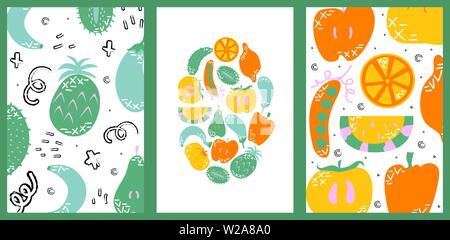 Jeu de cartes dessiné à la main avec des fruits et légumes. Vector cartoon de la nourriture. Illustration de Vecteur