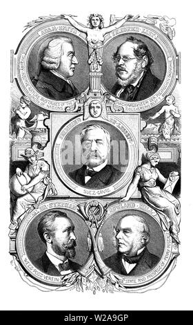 Chapitre frontispice avec preminent les figures de l'économie politique du xixe siècle : les économistes Adam Smith et Friedrich List, le service postal les réformistes Heinrich von Stephan et Sir Rowland Hill et le promoteur du Canal de Suez par Ferdinand de Lesseps Banque D'Images