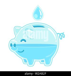 Concept d'économiser de l'eau. Cartoon tirelire transparente remplie de goutte d'eau. Vector clip art illustration isolé sur fond blanc. Illustration de Vecteur