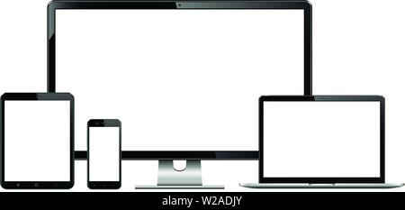 Illustration de haute qualité ensemble d'appareils de la technologie moderne - Moniteur d'ordinateur, ordinateur portable, tablette numérique et téléphone mobile avec écran vide Illustration de Vecteur