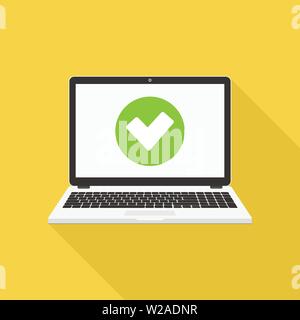 Ordinateur portable avec coche vector illustration design plat, Illustration de Vecteur