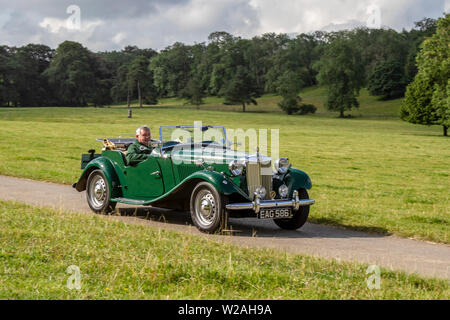 1952 50s Green MG TD/TF au Classic car Rally - Dimanche 7 juillet 2019. Le spectacle de voiture et de vélo classique de Mark Woodward se rend à Carnforth pour présenter plus de classiques, d'historiques, de moteurs d'époque et de collectibles au salon Leighton Hall de cette année, une occasion de voir plus de 500 véhicules classiques dans l'un des spectacles les plus complets et les plus divers de l'événement de voiture classique d'été. Banque D'Images