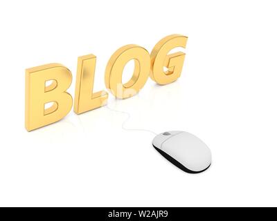 Blog et souris d'ordinateur sur un fond blanc. Rendu 3d illustration. Banque D'Images