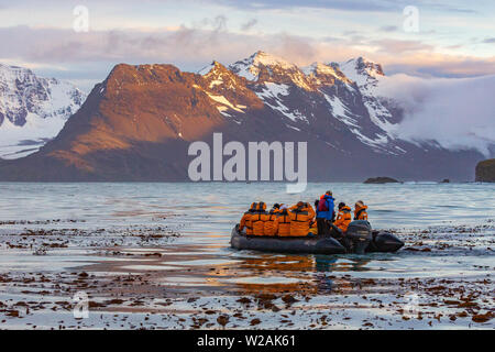 Coucher du soleil sur la montagne de la baie des isles en Géorgie du Sud à l'avant-plan, un zodiac à partir d'un bateau de croisière antarctique Banque D'Images