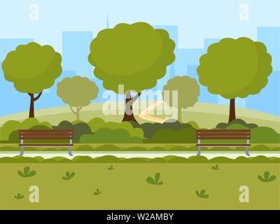City park télévision vector illustration. Loisirs en plein air, sur la nature, lieu public, vert des arbres, des bancs en bois et les bâtiments modernes silhouettes paysage. Parc urbain de loisirs cartoon dessin en couleur Illustration de Vecteur