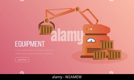 L'équipement de l'usine automatisée vector page d'atterrissage. Robot hand holding fort instrument robotisé, des conteneurs en bois en illustration. Processus de fabrication automobile mise en page d'accueil du site Illustration de Vecteur