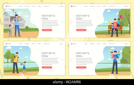 Le jour de père landing pages paramétrage du modèle. Les parents d'accueil de site web de vacances idée de l'interface avec les papas et les enfants des illustrations. Célébration de l'événement annuel de la famille, d'une page web bannière web concepts cartoon pack Illustration de Vecteur
