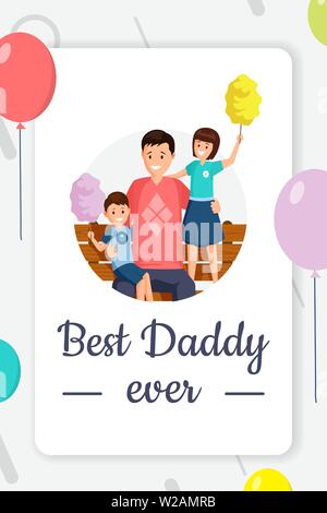 Carte de vœux du jour de père modèle de scénario. Carte postale de la paternité du concept de dessin animé avec des ballons de fête. Heureux papa avec petits enfants manger des douceurs télévision vector illustration avec la calligraphie Illustration de Vecteur