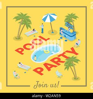 Pool Party médias sociaux modèle de page. En été, les loisirs actifs loisirs saisonniers affiche publicitaire concept. Palmiers, un bar à cocktails et des touristes vector illustration isométrique avec typographie Illustration de Vecteur