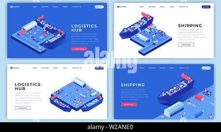 Les expéditions maritimes landing page templates. La logistique d'envoi de l'interface d'accueil de site web idée avec illustrations isométriques. Centre de transports de conteneurs, des pages web bannière web concept cartoon pack Illustration de Vecteur