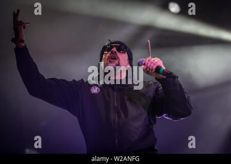 Roskilde, Danemark. 07Th Juillet, 2019. Roskilde, Danemark. Juillet 07th, 2019. Le groupe de hip-hop américain Cypress Hill effectue un concert live au cours de la Danish music festival Festival de Roskilde en 2019. Ici le rappeur B-Real est vu sur scène. (Photo crédit : Gonzales Photo/Alamy Live News Banque D'Images