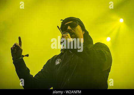 Roskilde, Danemark. 07Th Juillet, 2019. Roskilde, Danemark. Juillet 07th, 2019. Le groupe de hip-hop américain Cypress Hill effectue un concert live au cours de la Danish music festival Festival de Roskilde en 2019. Ici le rappeur B-Real est vu sur scène. (Photo crédit : Gonzales Photo/Alamy Live News Banque D'Images