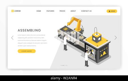 L'assemblage, la construction de processus, modèle de page d'atterrissage. Les ingénieurs industriels fabrication autonome de surveillance vector illustration isométrique. L'usine moderne et futuriste, site web du centre de recherche Illustration de Vecteur