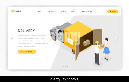 La livraison, les services de courrier modèle d'atterrissage. La livraison de colis, boîtes aux clients par chariot vector illustration. L'expédition de marchandises, de diffusion, société de distribution, page web en ligne Illustration de Vecteur