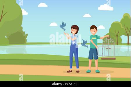 Les défenseurs des droits des animaux l'illustration vectorielle. Cartoon bénévoles avec cage ouverte colombes libératrice télévision caractères. Les enfants, adolescents jouant avec les pigeons domestiques en plein air Illustration de Vecteur