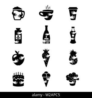 Aliments et boissons l'espace négatif icons set. Café chaud, l'alcool, les fruits et légumes et des bonbons d'ossature des symboles. Carotte, pomme, gâteau et la crème glacée étreint par des bras vector illustration isolé Illustration de Vecteur