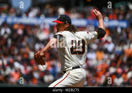 San Francisco, Californie, USA. 7 juillet, 2019. Le lanceur partant des Giants de San Francisco Jeff Samardzija (29) en action au cours de la MLB match entre les Cardinals de Saint-Louis et les Giants de San Francisco au parc d'Oracle à San Francisco, Californie. Chris Brown/CSM/Alamy Live News Banque D'Images