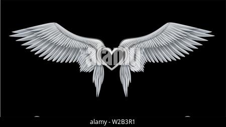 Coeur en argent sur blanc angel wings réaliste Illustration de Vecteur