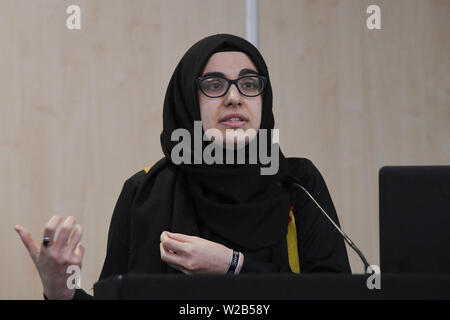 Orateurs Ayse Kotan, Walla Al Husban, Sumeyye Kattiparambi Sheheen Sakarya et critique des études musulmanes à la Palestine Expo 2019 le 7 juillet 2019, au London Olympia, au Royaume-Uni. Banque D'Images