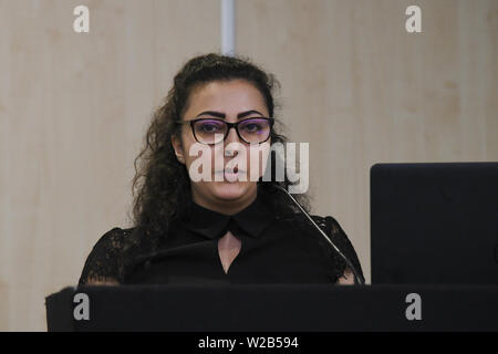 Orateurs Ayse Kotan, Walla Al Husban, Sumeyye Kattiparambi Sheheen Sakarya et critique des études musulmanes à la Palestine Expo 2019 le 7 juillet 2019, au London Olympia, au Royaume-Uni. Banque D'Images