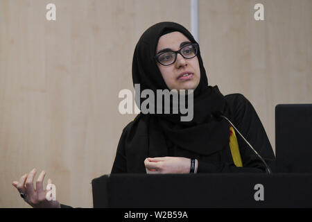 Orateurs Ayse Kotan, Walla Al Husban, Sumeyye Kattiparambi Sheheen Sakarya et critique des études musulmanes à la Palestine Expo 2019 le 7 juillet 2019, au London Olympia, au Royaume-Uni. Banque D'Images