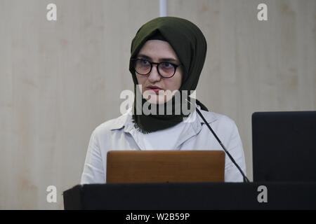 Orateurs Ayse Kotan, Walla Al Husban, Sumeyye Kattiparambi Sheheen Sakarya et critique des études musulmanes à la Palestine Expo 2019 le 7 juillet 2019, au London Olympia, au Royaume-Uni. Banque D'Images