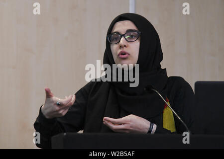 Orateurs Ayse Kotan, Walla Al Husban, Sumeyye Kattiparambi Sheheen Sakarya et critique des études musulmanes à la Palestine Expo 2019 le 7 juillet 2019, au London Olympia, au Royaume-Uni. Banque D'Images