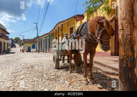 Trinidad, Cuba - 6 juin 2019 : transport de chevaux dans les rues d'une petite ville cubaine pendant une journée ensoleillée. Banque D'Images