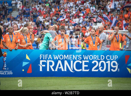 Lyon, France. 7 juillet, 2019. Les joueurs des Pays-Bas réagir au cours de la cérémonie de la FIFA 2019 la Coupe du Monde féminine à Stade de Lyon à Lyon, France, le 7 juillet 2019. Credit : Xiao Yijiu/Xinhua/Alamy Live News Banque D'Images