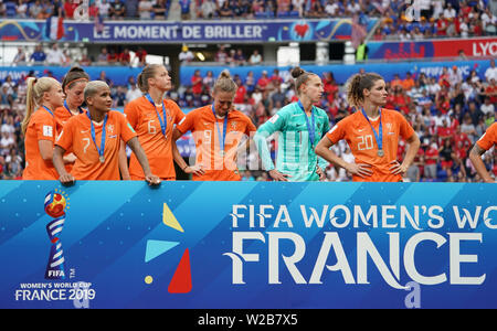 Lyon, France. 7 juillet, 2019. Les joueurs des Pays-Bas réagir au cours de la cérémonie de la FIFA 2019 la Coupe du Monde féminine à Stade de Lyon à Lyon, France, le 7 juillet 2019. Credit : Ding Xu/Xinhua/Alamy Live News Banque D'Images