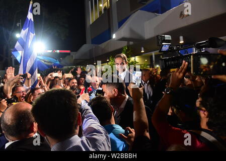 Mosxato, Grèce. 07Th Juillet, 2019. Kyriakos Mitsotakis, président du parti de la nouvelle démocratie est prêt à faire un discours après avoir remporté les élections nationales. Credit : Dimitrios Karvountzis/Pacific Press/Alamy Live News Banque D'Images