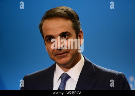 Mosxato, Grèce. 07Th Juillet, 2019. Premières déclarations de Kyriakos Mitsotakis, président du parti de la Nouvelle Démocratie, après avoir remporté les élections nationales. Credit : Dimitrios Karvountzis/Pacific Press/Alamy Live News Banque D'Images