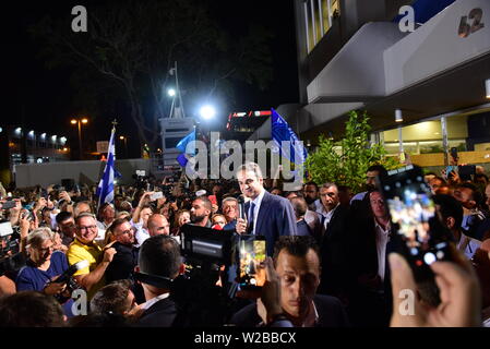 Mosxato, Grèce. 07Th Juillet, 2019. Kyriakos Mitsotakis, président du parti de la nouvelle démocratie, au cours de son discours, après avoir remporté les élections nationales. Credit : Dimitrios Karvountzis/Pacific Press/Alamy Live News Banque D'Images