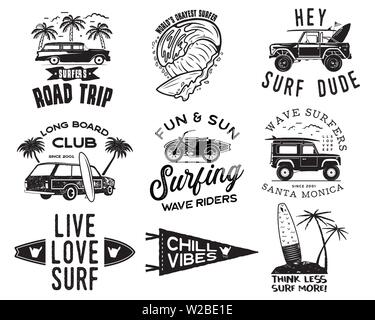 Des logos de la surf Vintage Set pour la conception web ou print. Les modèles de badges surfeur. Emblèmes de surf. Surf d'été, les paumes des éléments. Activité de plein air Illustration de Vecteur