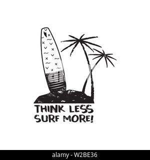 Motif vintage avec logo surf pour t-shirt et autres utilisations. Pensez moins Surf plus de typographie citation calligraphie et palmiers icônes. Main inhabituelle Illustration de Vecteur