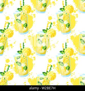 Une limonade. Vector background avec des produits frais et doux boisson d'été et de taches de peinture. Illustration de Vecteur