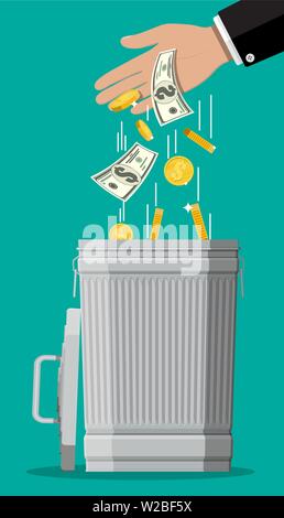 Businessman hand putting dollar bills in trash Illustration de Vecteur