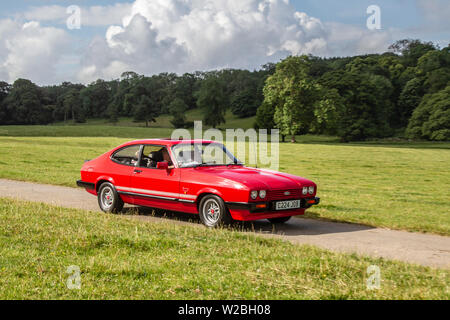 Années 1986 80 années 80 Red Ford Capri laser au Classic car Rally - dimanche 7 juillet 2019. Le spectacle de voitures et de vélos classiques de Mark Woodward a voyagé à Carnforth pittoresque pour présenter plus de classiques, historiques, moteurs vintage et objets de collection au salon des transports Leighton Hall de cette année, une occasion de voir plus de 500 véhicules classiques d'antan à l'un des spectacles les plus complets et diversifiés de l'événement de voiture classique d'été. Banque D'Images