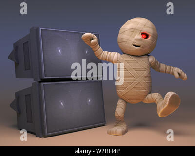 Crazy momie égyptienne monster danser devant sound system à rave party, illustration 3D render Banque D'Images