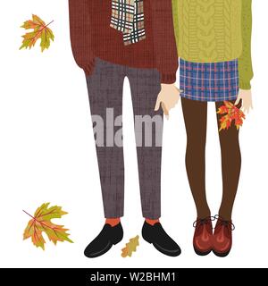 Bonjour, l'automne. Cute Vector illustration d'un couple d'adolescents et de tomber les feuilles d'automne. Jambes en bottes sur un fond blanc Illustration de Vecteur