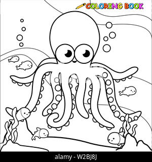 Joli fond d'animaux marins avec poulpe et poissons nageant sous l'eau. Poissons de dessins animés et poulpe sur le fond de la mer. Coloriage noir et blanc Banque D'Images