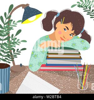 Retour à l'école. Cute vector illustration d'une séance sur l'étudiant livres sur un fond blanc. Girl, livres, ordinateur portable, lampe de bureau et de fleurs sur un Illustration de Vecteur