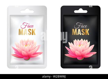 Ensemble blanc et noir masque facial cosmétique emballage individuel des maquettes avec lotus rose Illustration de Vecteur