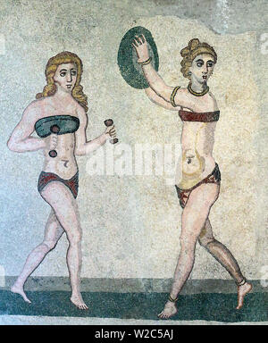 Bikini girls mosaïque, Villa Romana del Casale, Piazza Armerina, Sicile, Italie Banque D'Images