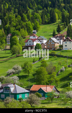 Roumanie, le Maramures, région parc national des Monts Rodna, Statiunea Borsa, ski, printemps, augmentation de la vue sur le village Banque D'Images