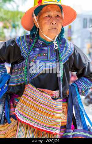 Tribus Hmong fleurs femme au retour de marché, Bac Ha, Vietnam Banque D'Images