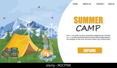 Camping dans les montagnes Vector modèle. Brochure mise en page concept. Fond nature dehors parc Illustration de Vecteur