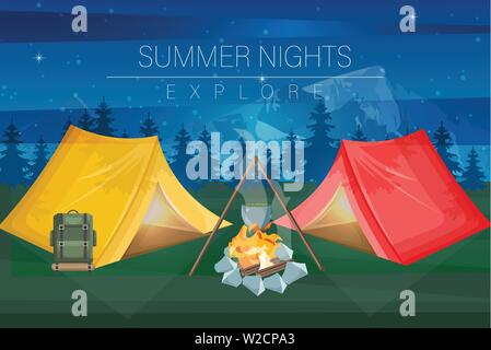 Nuit de camping style Vector télévision. Fond nature dehors parc Illustration de Vecteur